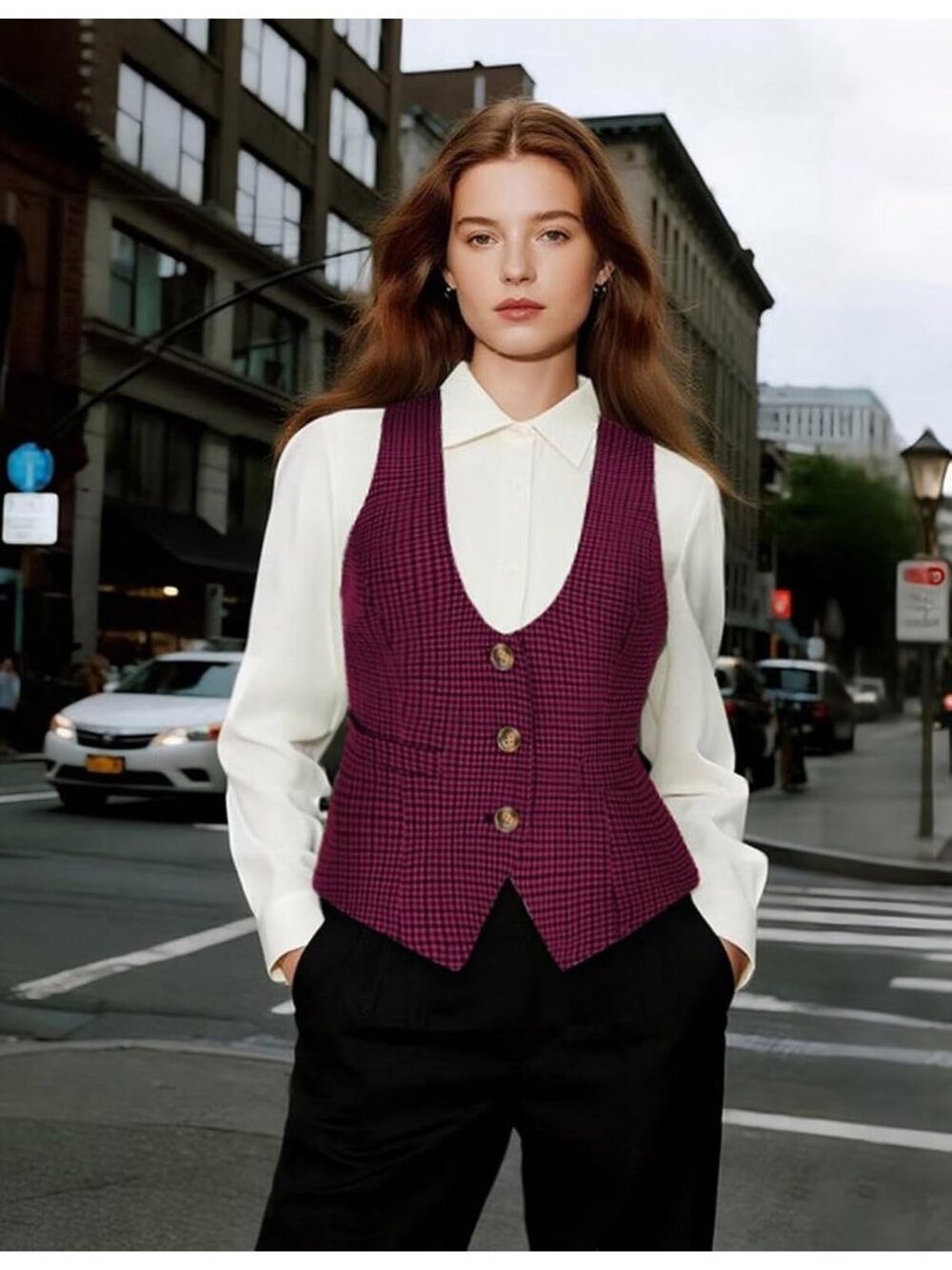 Women's Purple Red Dressy Casual Sleeveless Button Waistcoat Suit Vest Tops